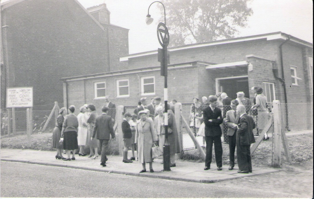 Picture of folk outside the present Cromwell Hall Christian Fellowship shortly after opening